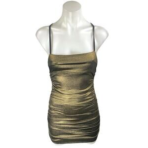 Lucy in the Sky Gold Metallic Shimmer Ruched Cami Camisole Mini Bodycon Dress XS